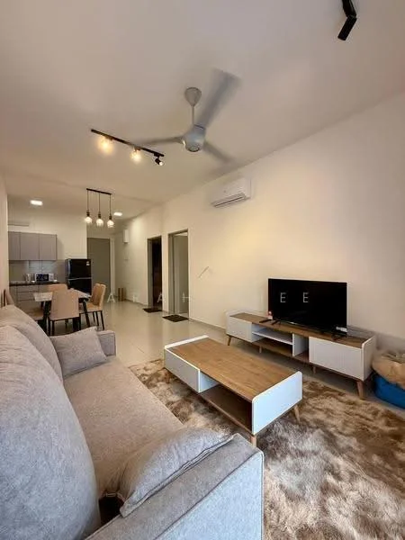 Living features: 3-seater fabric sofa in light grey, wooden coffee table, TV console, wall-mounted TV, area rug with plush texture, 5-blade ceiling fan with light, recessed LED downlights, air conditioning unit on wall, open-plan layout with dining area visible, light-coloured walls, tile flooring; style: modern.