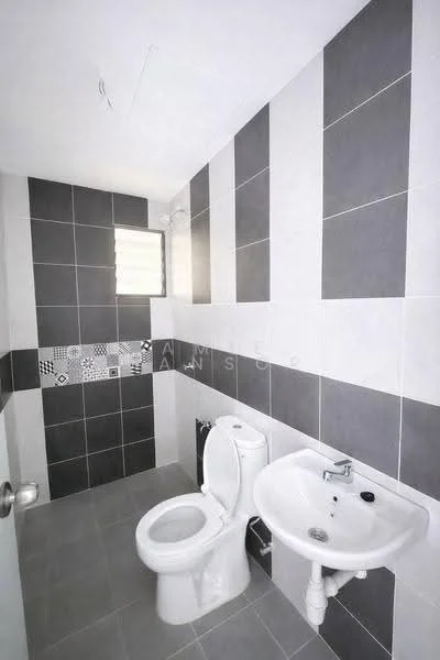 Bathroom features: white toilet, white sink, chrome faucet, grey tile flooring, grey wall tiles, white wall tiles, window for natural light, shower area with wall tiles, decorative tile border; style: modern.