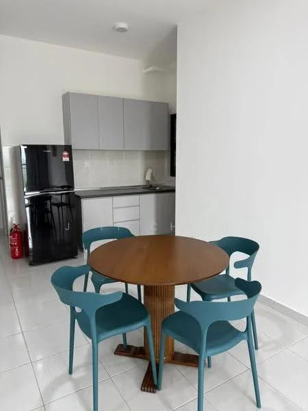 Dining features: round wooden dining table, 4 teal dining chairs, white walls, tile flooring, kitchen cabinetry in grey, black fridge, stainless-steel sink, countertop, kitchen appliances visible; style: modern.