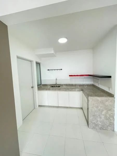 Kitchen features: white shaker cabinets, grey stone countertop, single-bowl stainless-steel sink, chrome pull-down faucet, tile flooring, white painted walls, recessed ceiling light, open shelving, window with glass panel, kitchen backsplash; style: modern.