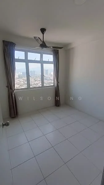 Bedroom features: white painted walls, white tiled flooring, 5-blade ceiling fan, floor-to-ceiling windows, curtains, city view; view: city.