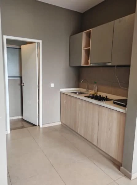 Kitchen features: light grey painted walls, cream cabinetry with flat-panel doors, white countertop, stainless-steel sink, chrome pull-down faucet, 4-burner gas hob, built-in range hood, tile flooring, open shelving, door leading to another room; style: modern.
