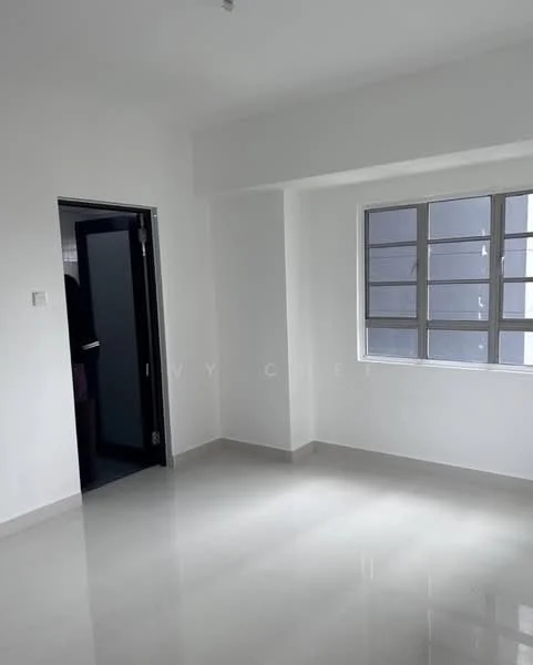 Room features: white painted walls, glossy tile flooring, large window with multiple panes, doorway leading to another room, neutral color scheme, no visible furniture or decor; style: modern.