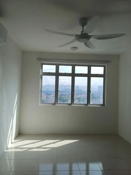 Room features: white painted walls, glossy tile flooring, 5-blade ceiling fan, floor-to-ceiling windows, city view, air conditioning unit; view: city.