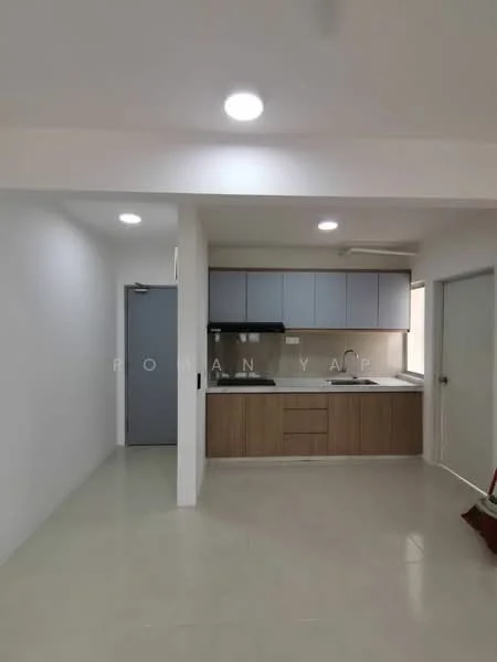 Kitchen features: white painted walls, light grey cabinetry, wooden lower cabinets, ceramic tile flooring, stainless-steel sink, chrome pull-down faucet, built-in oven, 4-burner gas hob, exhaust hood, recessed LED downlights; style: modern. Room features: white painted walls, ceramic tile flooring, doorway leading to another room.