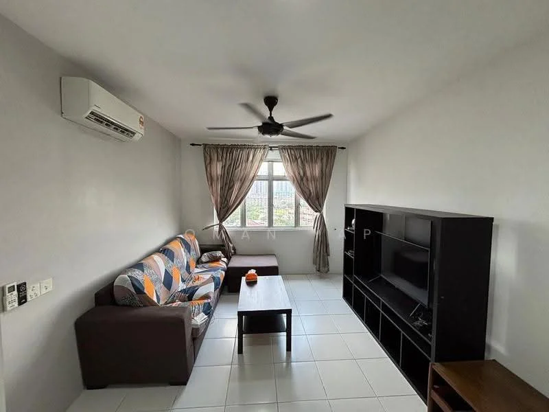 Living features: 3-seater fabric sofa with colorful pattern, coffee table, TV console, wall-mounted TV, floor-to-ceiling window, sheer curtains, 5-blade ceiling fan with light, white painted walls, tile flooring, air conditioning unit; style: modern; view: city.