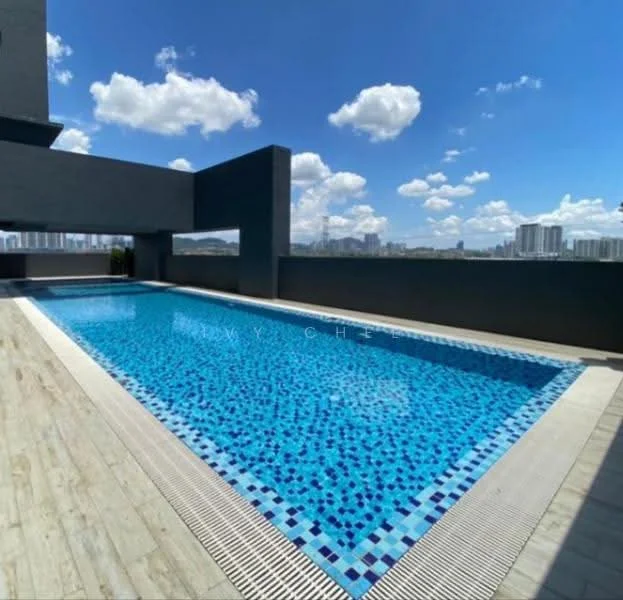 Exterior type: swimming pool deck; features: infinity pool, blue mosaic tile pool surface, wooden deck surrounding the pool, city skyline view in background, clear blue sky, white clouds; style: modern.