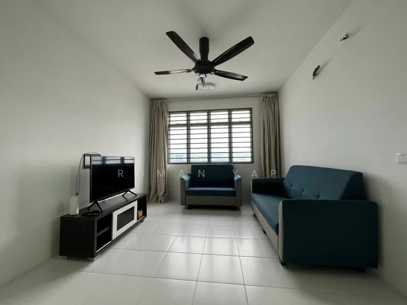 Living features: 2-seater fabric sofa in teal, 3-seater fabric sofa in teal, black TV console, wall-mounted TV, ceiling fan with 5 blades, white painted walls, white tiled flooring, floor-to-ceiling windows with sheer curtains; style: modern.
