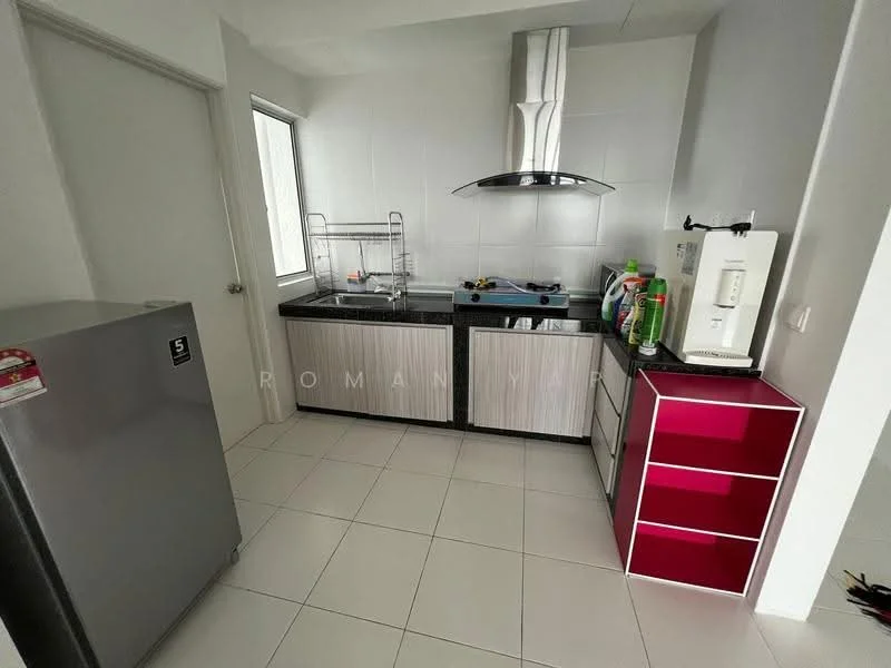 Kitchen features: stainless-steel fridge, black countertop, built-in gas stove, stainless-steel range hood, grey cabinetry with wood finish, white tiled walls, white tiled flooring, kitchen sink, dish rack, water dispenser, red storage cabinet; style: modern.