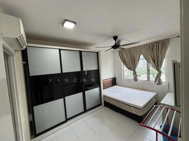 Bedroom features: white painted walls, tile flooring, 5-blade ceiling fan with light, floor-to-ceiling window, curtains, built-in wardrobe with sliding doors, queen-size bed, mattress, wall-mounted air conditioning unit, decorative wall, small bedside table; style: modern; view: city.