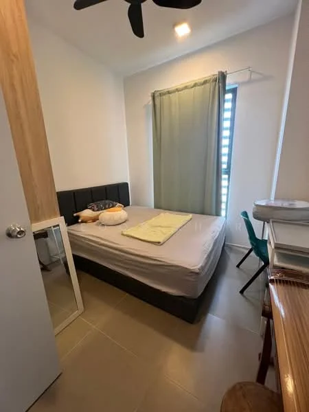 Bedroom features: queen-size bed, upholstered headboard, light grey bedding, green curtain, floor-to-ceiling window, ceiling fan, wooden study desk, green chair, full-length mirror, light-colored wall, tile flooring; style: modern.