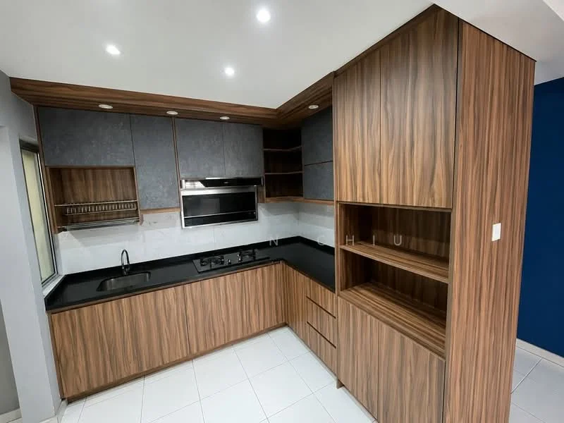 Kitchen features: wood cabinetry with dark finish, black granite countertop, stainless-steel built-in oven, stainless-steel microwave, single-bowl stainless-steel sink, chrome pull-down faucet, ceramic tile flooring, recessed downlights, open shelving, grey accent wall, white tiled backsplash; style: modern.