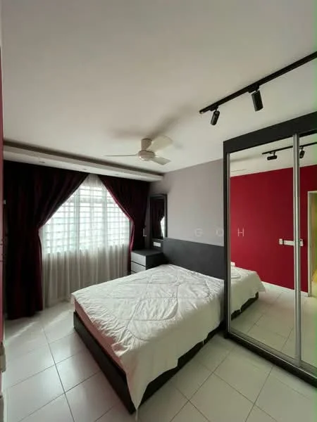 Bedroom features: queen-size bed, upholstered headboard, 2 bedside lamps, built-in wardrobe with sliding mirror doors, ceiling fan, white bedding, white tile flooring, red accent wall, grey painted wall, floor-to-ceiling windows with sheer curtains; style: modern.