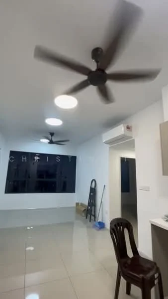 Room features: white painted walls, glossy tile flooring, 2 ceiling fans, recessed LED downlights, air conditioning unit, window with black frame, wooden chair, ladder, open space layout; style: modern.