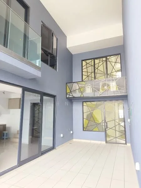 Room features: grey painted walls, large floor-to-ceiling windows, sliding glass doors, open space layout, tile flooring, balcony with railing, high ceiling, exposed structural elements; style: modern.