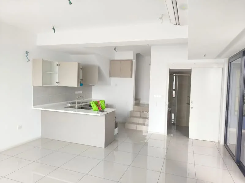 Kitchen features: white cabinetry with glass-front upper cabinets, grey countertop, single-bowl stainless-steel sink, chrome pull-down faucet, ceramic tile flooring, open layout, wall-mounted air conditioning unit, recessed downlights; style: modern. Room features: white painted walls, staircase leading to upper level, large windows, sliding glass door, tile flooring.