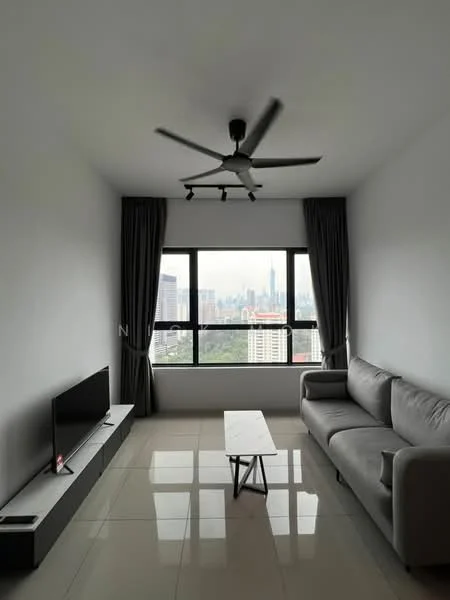 Living features: grey fabric sofa, coffee table, wall-mounted TV, floor-to-ceiling windows, city skyline view, 5-blade ceiling fan with light, light grey painted walls, glossy tile flooring, curtains, TV console; style: modern; view: city.