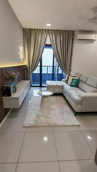 Living features: L-shape sectional sofa in light grey, coffee table with glass top, area rug in cream, wall-mounted TV console, decorative wall with wood paneling, floor-to-ceiling windows, sheer curtains, recessed downlights, 1 wall-mounted split AC, decorative cushions, wall decor, light-colored tiled flooring; style: modern; view: city.