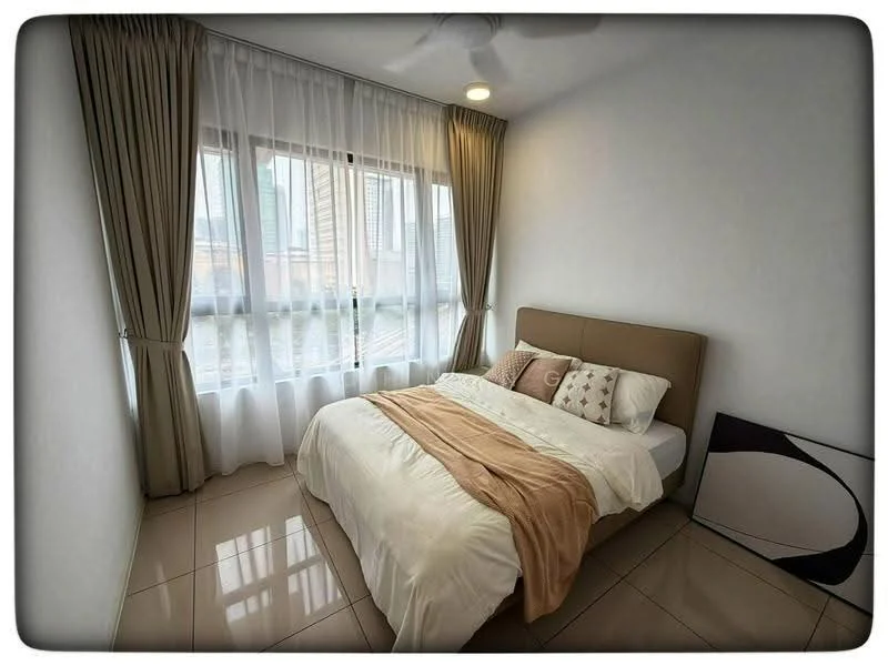 Bedroom features: king-size bed with upholstered headboard, white bedding with decorative pillows, floor-to-ceiling windows, sheer white curtains, brown curtains, ceiling fan, tile flooring, decorative artwork on the floor, neutral painted walls; style: modern; view: city.