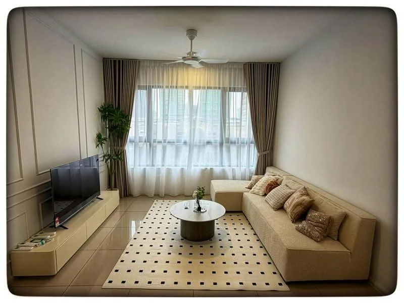 Living features: 3-seater fabric sofa in beige, coffee table with round top, TV console with storage, wall-mounted TV, floor-to-ceiling windows, sheer curtains, decorative houseplant, area rug with geometric pattern, ceiling fan with light, neutral painted walls, glossy tile flooring; style: modern; view: city.