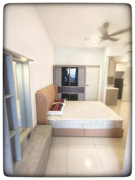 Bedroom features: queen-size bed, upholstered headboard, built-in wardrobe with sliding doors, wall-mounted mirror, ceiling fan, recessed lighting, white painted walls, tile flooring, window with natural light, decorative throw pillows, small bedside table, open shelving unit; style: modern.