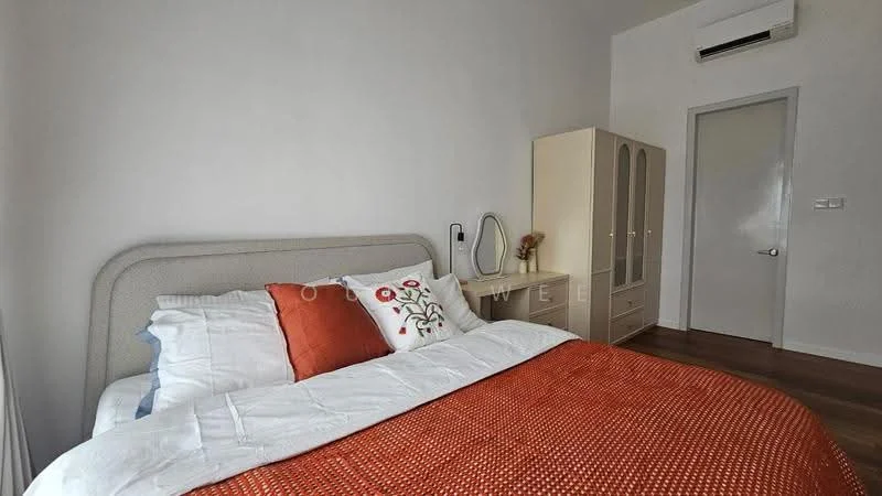 Bedroom features: king-size bed with upholstered headboard, white bedding with decorative pillows, orange throw blanket, built-in wardrobe with cream finish, wall-mounted mirror, air conditioning unit, wooden flooring, white painted walls, door leading to hallway; style: modern.