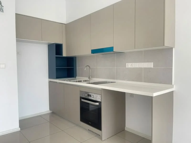 Kitchen features: grey cabinetry, blue accent shelving, white countertop, stainless-steel sink, chrome pull-down faucet, built-in oven, ceramic tile flooring, wall-mounted electrical outlets, tile backsplash, open shelving; style: modern.