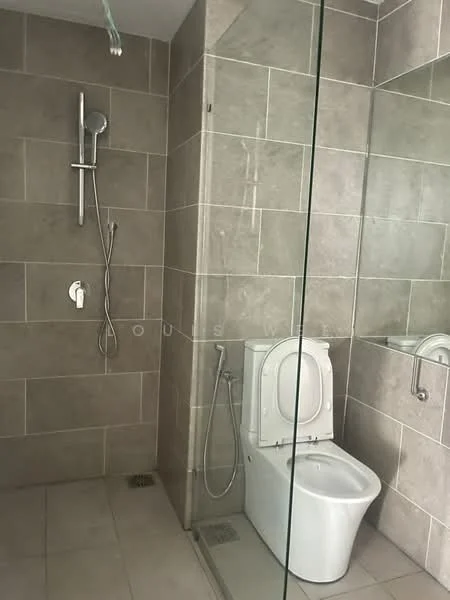 Bathroom features: walk-in shower with glass enclosure, rain shower head, handheld shower, one-piece toilet, chrome basin mixer, tile cladding on walls, grey ceramic tile flooring, glass shower screen, built-in shower niche; style: modern.