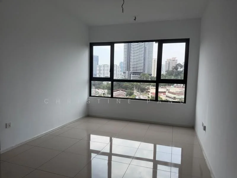 Room features: white painted walls, glossy ceramic tile flooring, floor-to-ceiling windows, city view, natural light, no visible furniture, minimalist decor, single ceiling light fixture; style: modern; view: city.