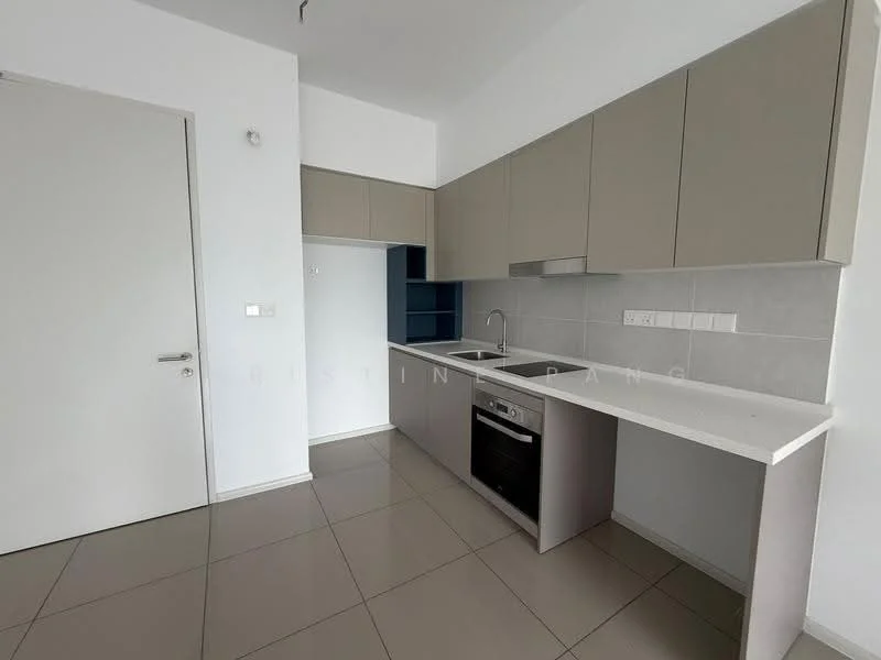 Kitchen features: grey flat-panel cabinets, white countertop, stainless-steel sink, chrome pull-down faucet, built-in oven, ceramic tile backsplash, white wall tiles, grey floor tiles, recessed downlights; style: modern.