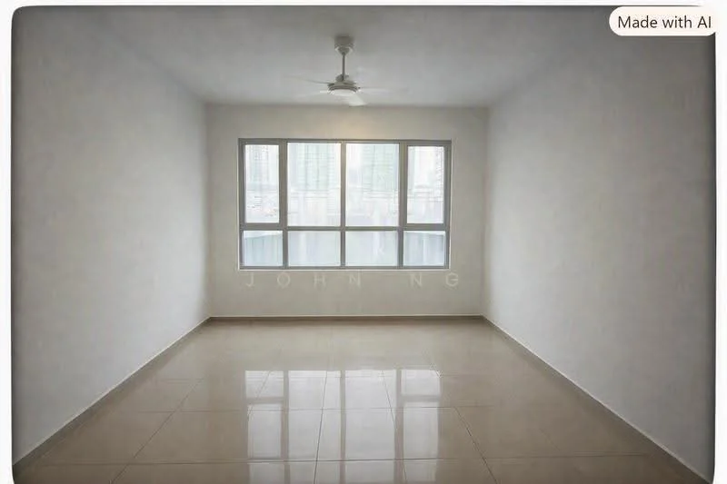 Room features: white painted walls, glossy ceramic tile flooring, ceiling fan, floor-to-ceiling windows, natural light, city view; style: modern; view: city.