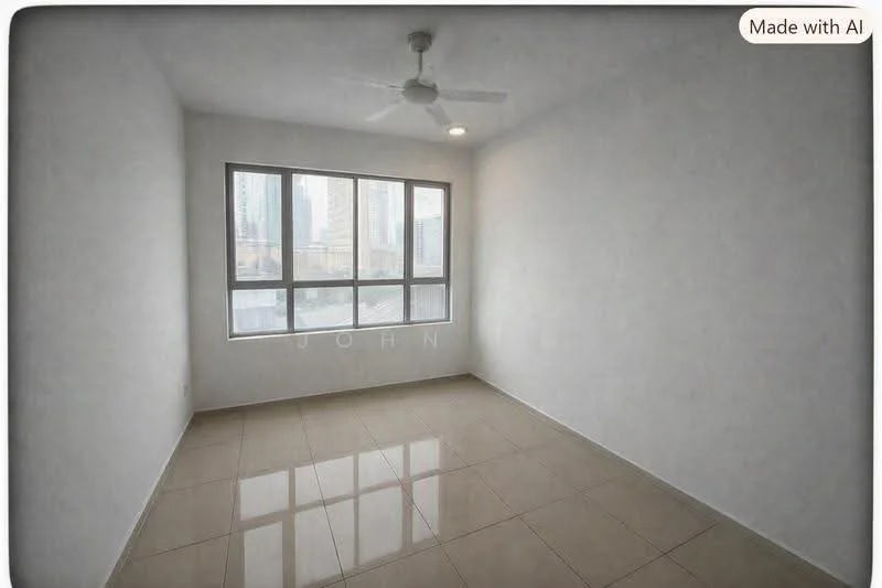 Room features: white painted walls, glossy ceramic tile flooring, 5-blade ceiling fan with light, floor-to-ceiling windows, natural light from windows; style: modern; view: city.