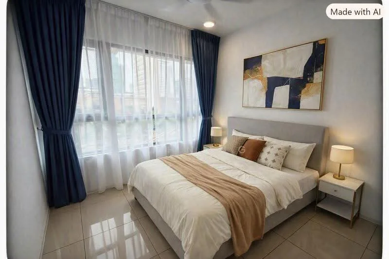 Bedroom features: queen-size bed with white bedding, upholstered headboard, two bedside lamps, nightstand with drawer, framed artwork on wall, floor-to-ceiling windows, sheer curtains, dark blue curtains, tile flooring, ceiling fan, decorative throw blanket; style: modern; view: city.