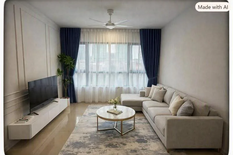 Living features: 3-seater fabric sofa in light grey, coffee table with round top, TV console in white, wall-mounted TV, floor-to-ceiling windows, sheer curtains, blue drapes, ceiling fan with light, decorative houseplant, area rug with geometric pattern, light-coloured painted walls, polished tile flooring; style: modern; view: city.