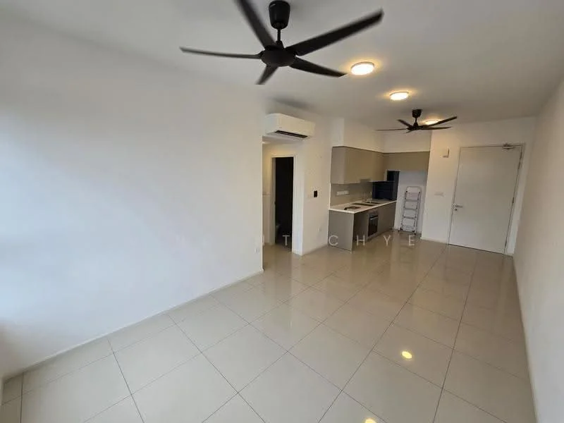 Living features: white painted walls, glossy tile flooring, 2 ceiling fans, air conditioning unit, open kitchen layout, kitchen cabinetry, kitchen countertop, recessed lighting; style: modern.