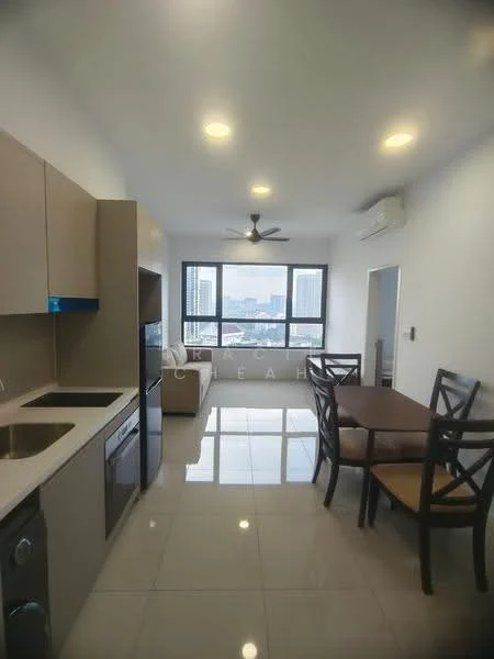 Kitchen features: single-bowl stainless-steel sink, chrome pull-down faucet, grey laminate cabinetry, built-in oven, stainless-steel range hood, 4-burner gas hob, white tiled backsplash, refrigerator, dining table with four chairs, ceiling fan, wall-mounted split AC, floor-to-ceiling windows, polished ceramic tile flooring; style: modern; view: city.