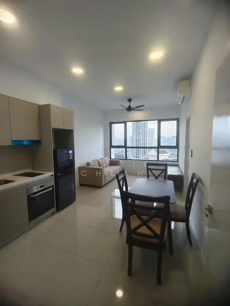 Kitchen features: light beige cabinetry, white countertop, built-in oven, stainless-steel fridge, ceramic tile flooring, recessed downlights; style: modern; view: city. Living features: 3-seater beige fabric sofa, wooden dining table for 4, 4 dining chairs, floor-to-ceiling windows, ceiling fan, air conditioning unit, ceramic tile flooring; style: modern; view: city.