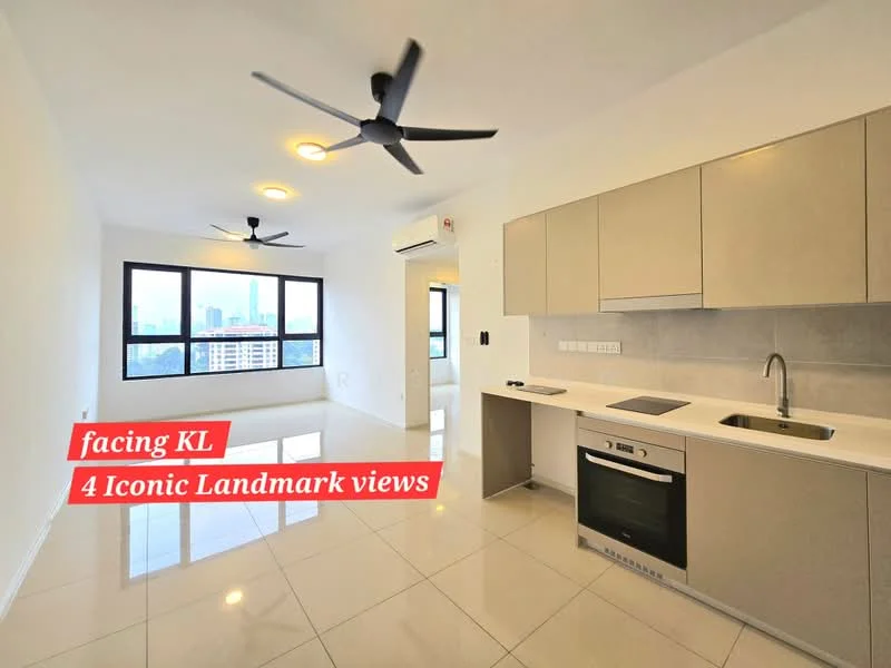 Living features: white painted walls, glossy ceramic tile flooring, 5-blade ceiling fan with light, recessed downlights, floor-to-ceiling windows, kitchenette with grey cabinetry, stainless-steel sink, built-in oven, countertop with backsplash, air conditioning unit; style: modern; view: city.