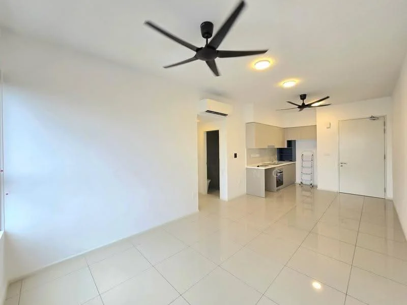 Living features: white painted walls, glossy white tile flooring, 2 ceiling fans, recessed downlights, open layout, kitchen area visible, air conditioning unit, door leading to hallway; style: modern.