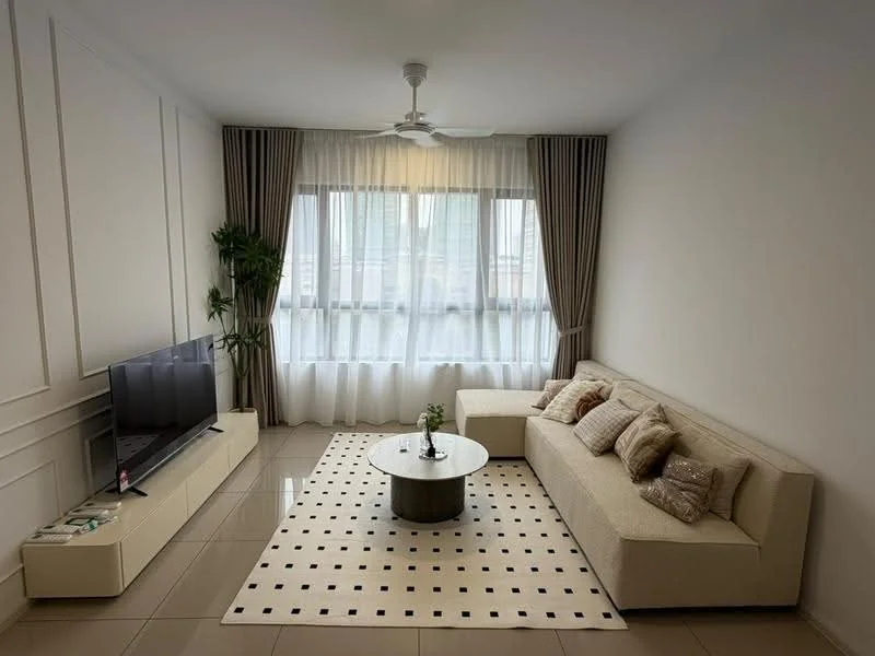 Living features: 3-seater fabric sofa in beige, coffee table with metallic base, wall-mounted TV, floor-to-ceiling windows, sheer curtains, light grey walls, cream tiled flooring, ceiling fan with light, decorative houseplant, area rug with geometric pattern; style: modern.