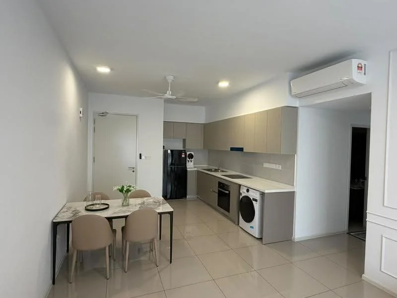 Kitchen features: white painted walls, glossy beige cabinetry, stainless-steel built-in oven, stainless-steel range hood, 4-burner gas hob, stainless-steel fridge, front-load washing machine, single-bowl stainless-steel sink, chrome pull-down faucet, grey marble countertop, tile flooring, recessed downlights, ceiling fan, dining table with 4 beige chairs, open layout; style: modern.