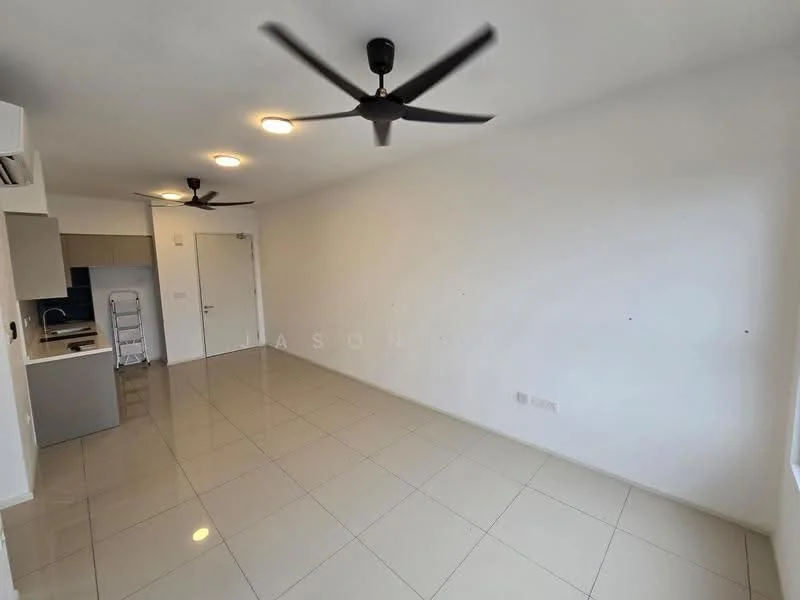 Living features: white painted walls, glossy ceramic tile flooring, 2 ceiling fans, recessed downlights, open layout, large windows, neutral color scheme, minimalist design; style: modern.