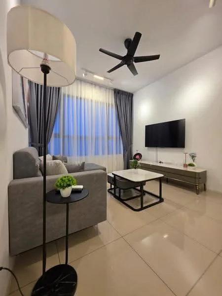 Living features: grey fabric sofa, black coffee table, TV console, wall-mounted TV, floor lamp, ceiling fan, curtains, decorative plant, ceramic pot, light-colored walls, glossy tile flooring; style: modern.