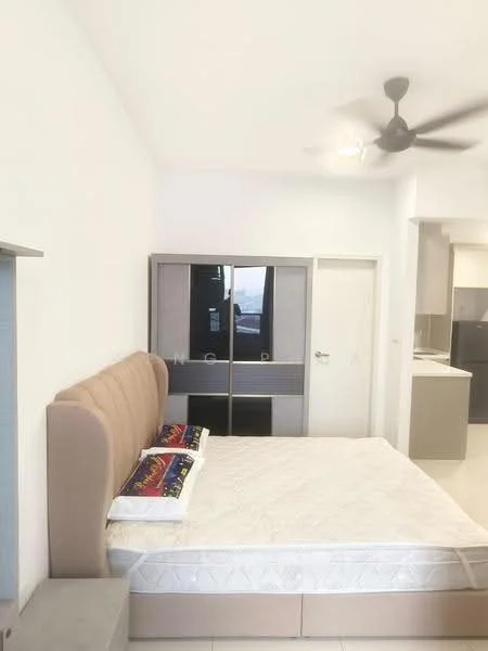 Bedroom features: king-size bed, upholstered headboard, built-in wardrobe with mirrored doors, ceiling fan, white painted walls, tile flooring, window with view, decorative pillows; style: modern.