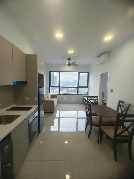 Kitchen features: single-bowl stainless-steel sink, chrome pull-down faucet, granite countertop, white cabinetry, built-in oven, stainless-steel range hood, 4-burner gas hob, ceramic tile flooring; style: modern; view: city. Living features: 3-seater fabric sofa in beige, coffee table, TV console, wall-mounted TV, ceiling fan, recessed LED downlights, large windows, glossy tile flooring; style: modern; view: city. Dining features: 4-seater dining table, wooden dining chairs, ceramic tile flooring; style: modern; view: city.
