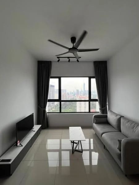 Living features: grey fabric sofa, coffee table, wall-mounted TV, floor-to-ceiling windows, curtains, 5-blade ceiling fan with light, glossy tile flooring, white painted walls; style: modern; view: city.