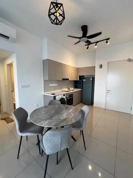 Kitchen features: grey cabinetry, white countertops, stainless-steel sink, chrome pull-down faucet, built-in oven, freestanding range oven, stainless-steel fridge, 4-burner gas hob, pendant light, 5-blade ceiling fan, tile flooring, open layout, dining table with marble top, 4 upholstered dining chairs; style: modern.