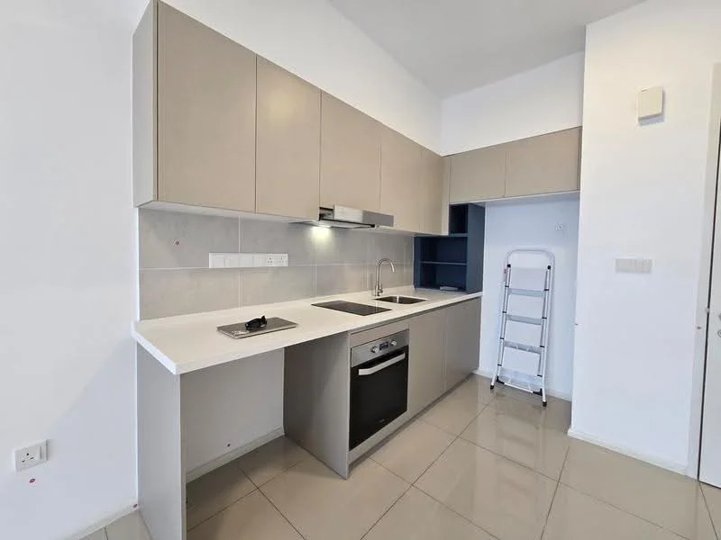 Kitchen features: light grey cabinetry, white countertop, single-bowl stainless-steel sink, chrome pull-down faucet, built-in oven, stainless-steel dishwasher, ceramic tile backsplash, recessed downlights, sliding door to pantry, floor-to-ceiling cabinetry, grey tile flooring; style: modern.