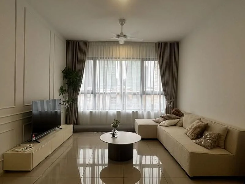 Living features: L-shape sectional sofa in cream, coffee table with round top, wall-mounted TV, floor-to-ceiling windows, sheer curtains, dark grey curtains, ceiling fan, decorative plant in pot, white painted walls, glossy tile flooring; style: modern; view: city.