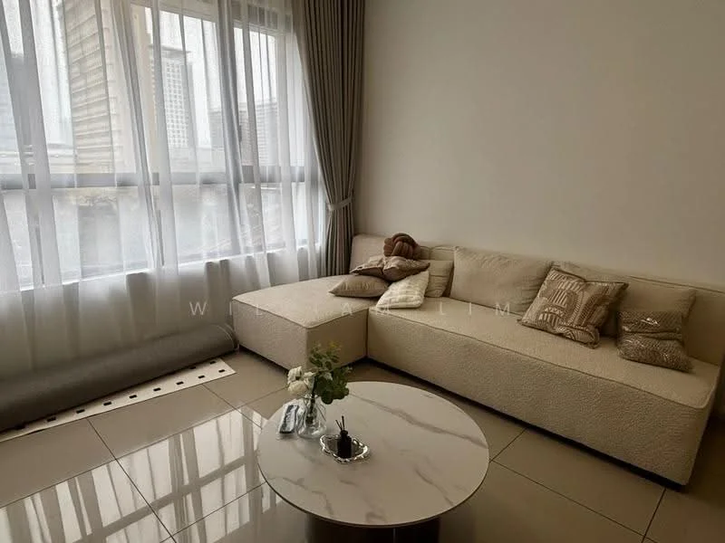 Living features: L-shape sectional sofa in cream, marble coffee table, large floor-to-ceiling windows, sheer curtains, decorative cushions, neutral wall colour, tile flooring, decorative plant on table; style: modern; view: city.